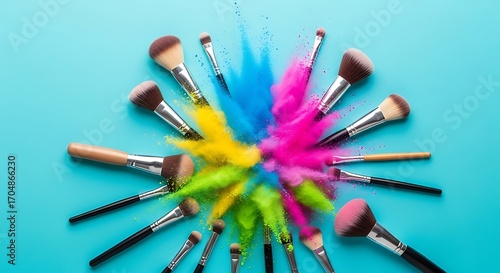 Dynamic Display of Makeup Brushes with Exploding Rainbow Powder on a Blue Background, Beauty Concept
