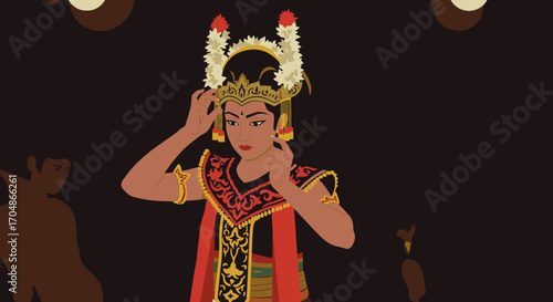 An elegant Indonesian dancer carefully adorns her intricate golden crown, symbolizing rich heritage and readiness for a vibrant traditional stage show.
