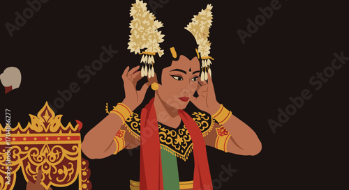 A beautifully adorned Javanese woman in traditional costume adjusts her elaborate golden headpiece, preparing for a cultural performance or ceremony.