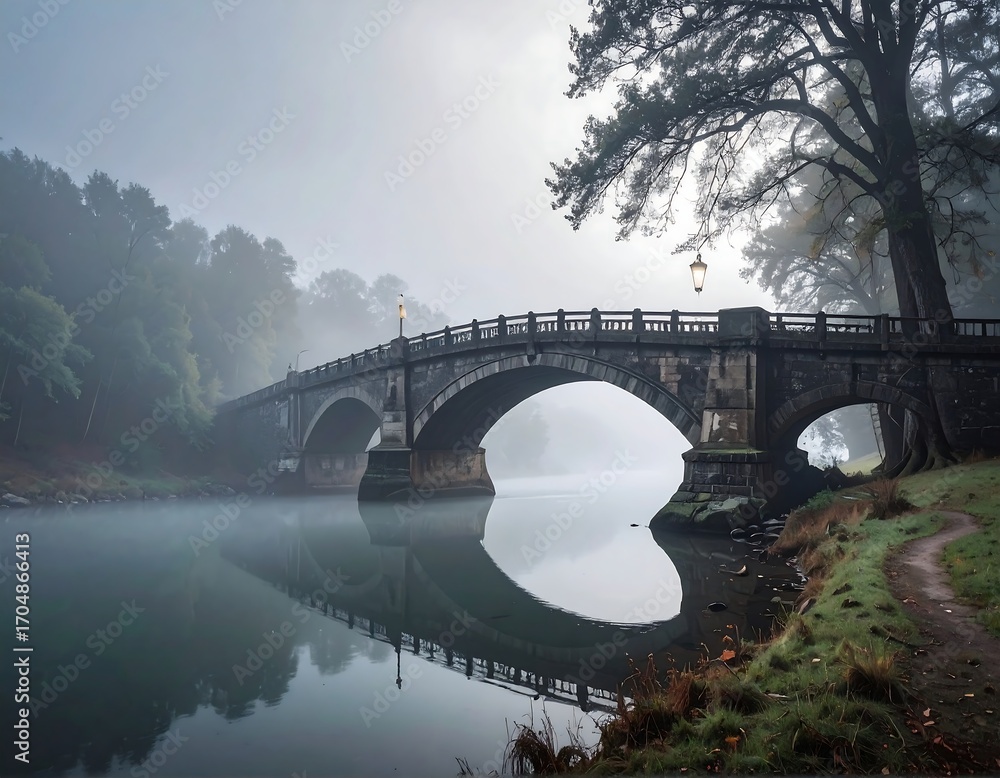Fototapeta premium Misty morning bridge reflection