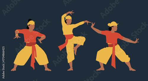 Three vibrant dancers perform an elegant traditional cultural routine, showcasing graceful movements and colorful attire against a dark background.