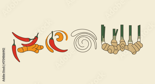 A minimalist illustration featuring vibrant red chili peppers, earthy turmeric roots, and fresh ginger, essential aromatic ingredients for diverse global cuisine.