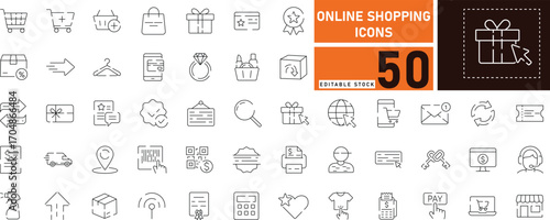Online Shopping Icon Set. Includes 50 outline vector icons for e-commerce such as mobile shop, shopping cart, delivery, payment, customer service, price, sale, promotion, and more. Editable stroke,