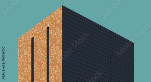 A striking minimalist building with contrasting orange textured and dark blue facades stands against a clear teal sky, showcasing modern architectural design.