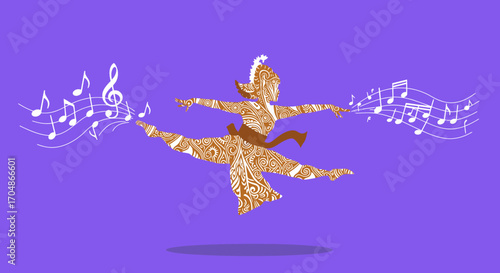 A stylized golden dancer performs a dynamic split leap, surrounded by musical notes, embodying the vibrant energy of cultural expression on a purple background.