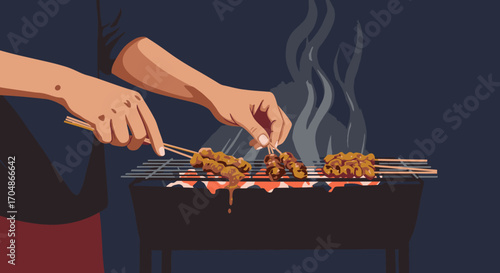 A person's hands expertly grill delicious, marinated satay skewers over hot charcoal, preparing a popular and aromatic street food dish.
