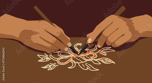 Close-up of skilled hands meticulously crafting an intricate floral pattern with fine tools, showcasing the beauty of traditional artistry and detailed design work.