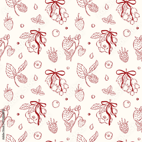 Seamless vector pattern of hand-drawn berries and bows. Minimal doodle illustrations of strawberries, raspberries, currants, blueberries in a playful red design, perfect for fabric, packaging, and sta