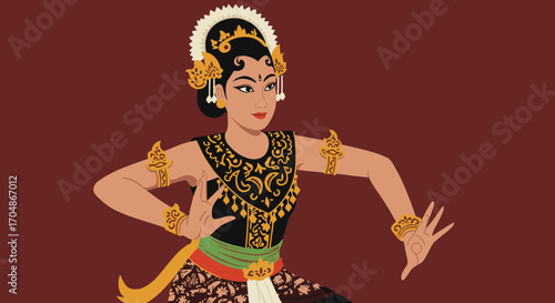 An elegant Indonesian woman in traditional attire performs a graceful classical dance, showcasing the rich cultural heritage and artistry of Southeast Asia.
