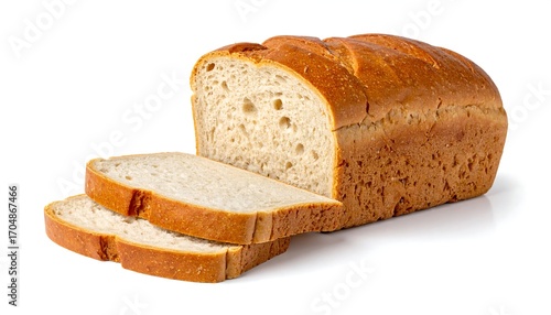 Loaf of bread sliced on white background