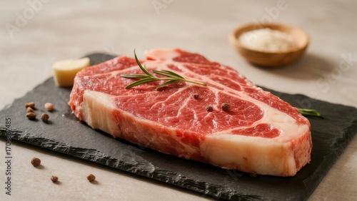 Raw Beef Steak with Rosemary on Black Slate