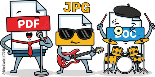 Cartoon file format characters playing musical instruments as a band