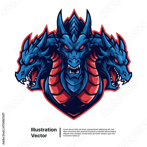 Three-Headed Dragon Illustration Mythical Creature Mascot Logo for Fantasy Gaming