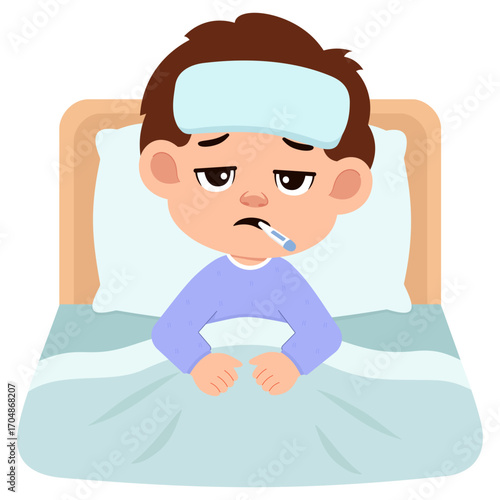 Illustration of Sick Boy with Fever in Bed