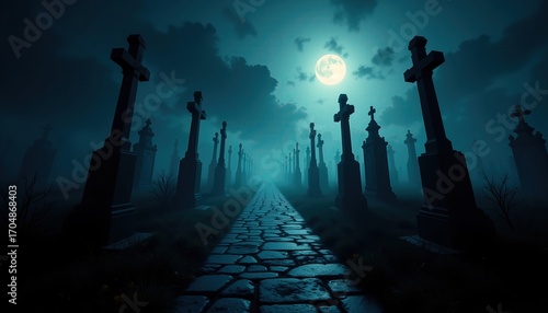 Wallpaper Mural Enigmatic Gothic Graveyard Path Under a Full Moon Torontodigital.ca