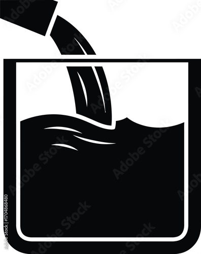 A black and white illustration of liquid being poured into a glass container.