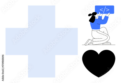 Woman kneeling, engaging with code, large health cross on left, black heart below. Ideal for coding, healthcare, technology, support, wellbeing design simple landing page