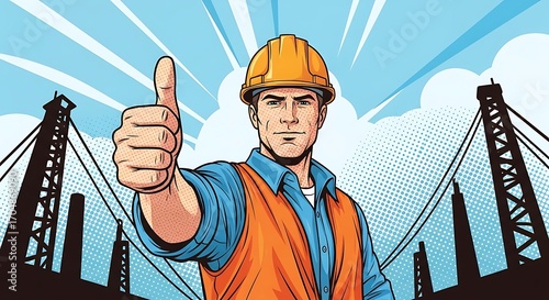Confident Male Construction Worker Gives Thumbs Up Gesture in Hard Hat and Safety Vest, Industrial Pop Art Comic Background