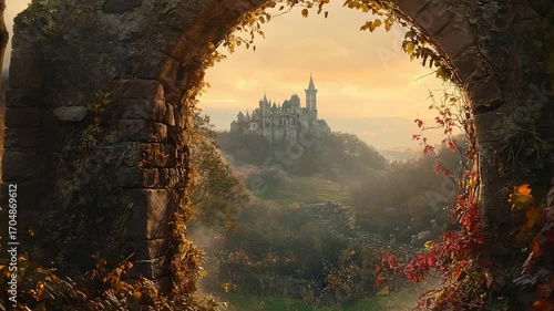 Enchanted Castle at Sunset Through Stone Archway