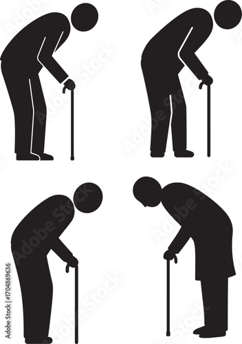 Four elderly figures leaning on canes silhouette
