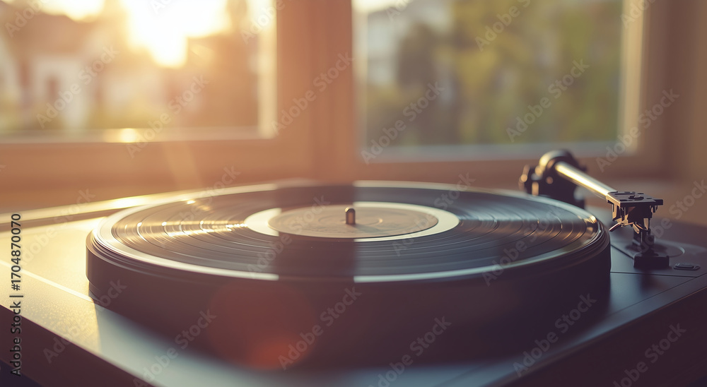 Obraz premium Close up of old record player playing music, capturing warm and nostalgic atmosphere with sunlight streaming through window