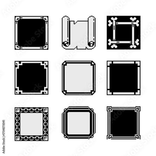 Collection of pixel art square frames in retro style, featuring various decorative designs. Perfect for game UI, fantasy menus, inventory windows, or digital decorative elements.