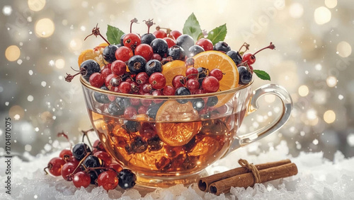steaming warm tea with steaming in front, wonderland, snow flakes and steaming, exquisite colour sketch closeup of an assortment of vibrant berries including aronia, blackcurrant, cranberries 
