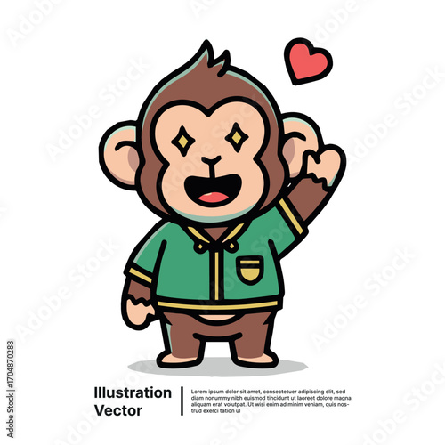 Adorable cartoon monkey character with sparkling eyes waving hello in loving adoration