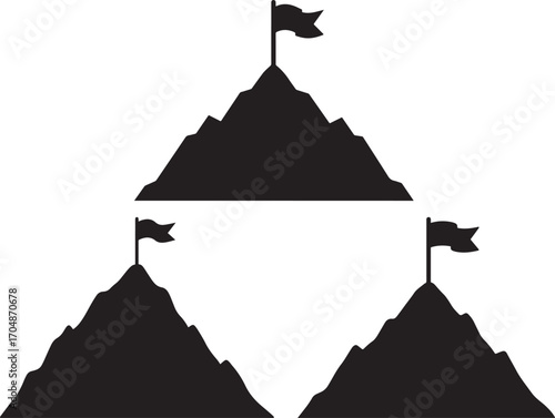 Three mountain peaks with flags silhouette