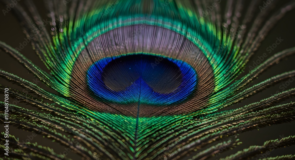 Naklejka premium Close Up of Vibrant Peacock Feather with Bright Blue Green and Brown Colors in Macro Style