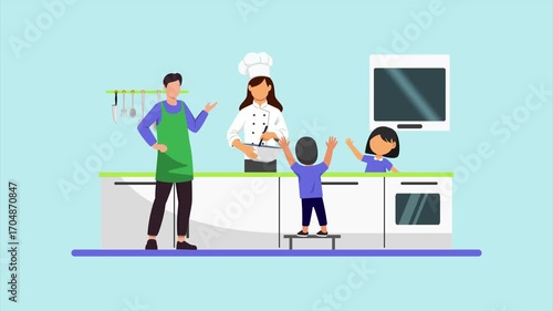 Animated video of goal happy family cooking in the kitchen. Cooking family concept. Full length animation illustration. High quality 4k footage