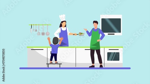 Animated video of goal happy little family cooking. Cooking family concept. Full length animated illustrations. High quality 4k footage