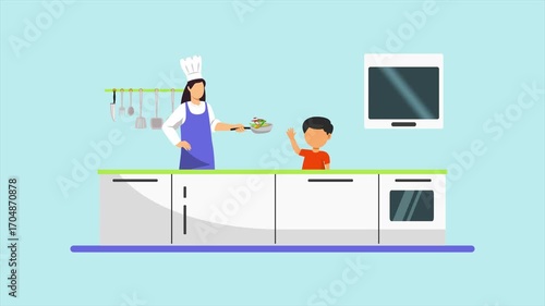 Animated video of goal mother and child cooking. Cooking family concept. Full length animated illustrations. High quality 4k footage