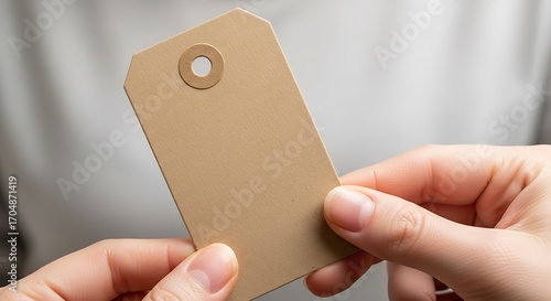 Holding a blank kraft tag for price label, gift, or product message