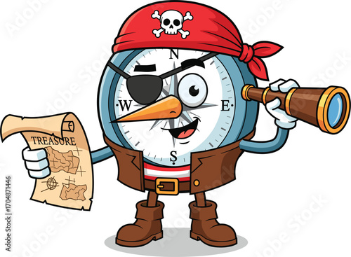Cartoon pirate clock character holding treasure map and spyglass
