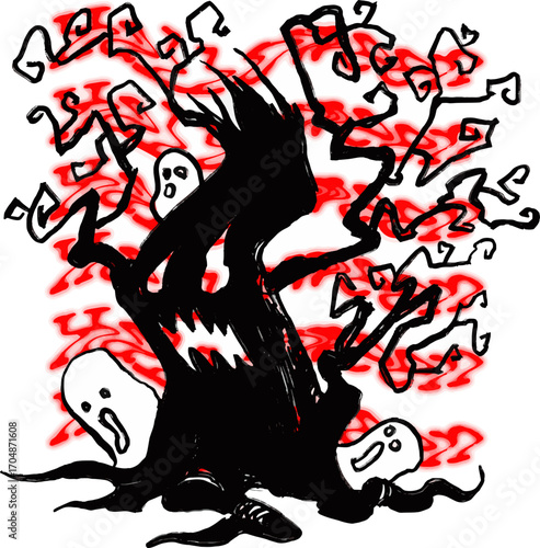 It's a spooky, stylized drawing of a menacing, gnarled tree that has a ghostly face in its trunk and is surrounded by wailing spirits. The background features a chaotic, glowing red aura, adding to th