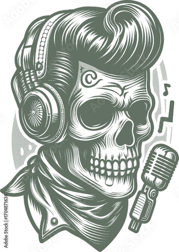 Rockabilly Skull Vector Vintage Tattoo and Retro Music Style Illustrations