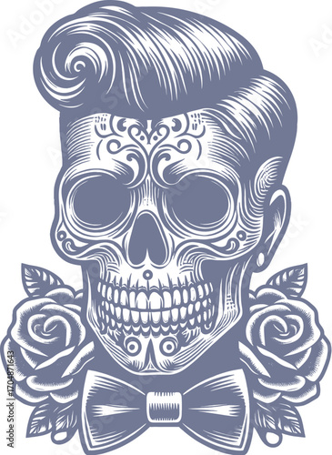 Rockabilly Skull Vector Vintage Tattoo and Retro Music Style Illustrations