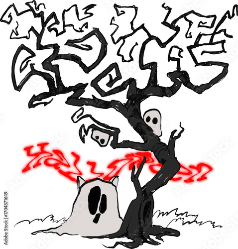 It's a quirky, slightly spooky illustration featuring a stylized, gnarled tree with floating skull-like faces. A ghostly figure of a cat with large, dark eyes sits beneath the tree, and the word "Hall
