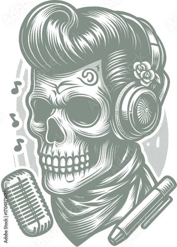 Rockabilly Skull Vector Vintage Tattoo and Retro Music Style Illustrations