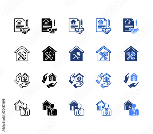 Contract, Mortgage, Home repair, Property agent, multiple style icon set.