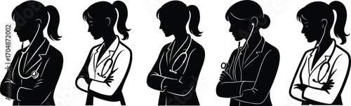 Set of five diverse female doctor silhouettes in professional attire with stethoscopes 