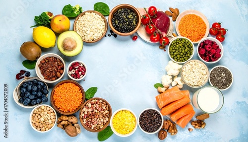 Healthy Food Assortment Arranged in a Circle.