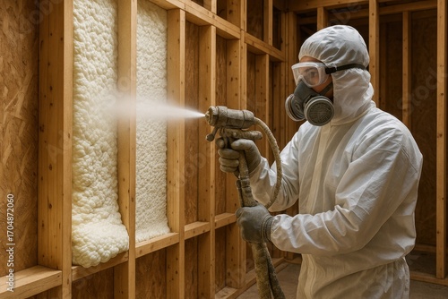 Construction technician in protective suit spraying closed cell foam insulation inside wooden stud walls using high pressure rig for energy efficiency