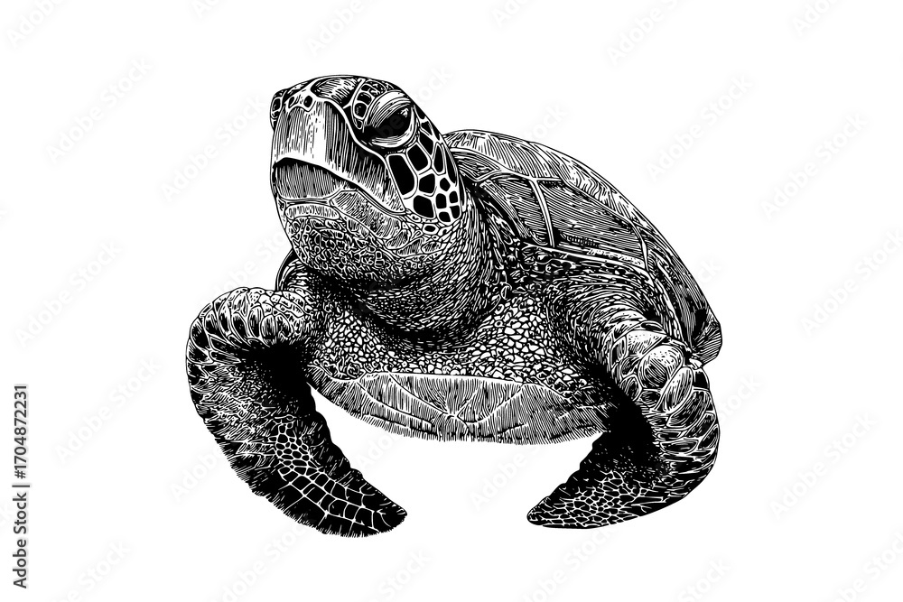 Fototapeta premium a detailed, stylized drawing of a sea turtledraw, drawing, green, illustration, sea, sea turtle, turtle, white 