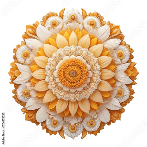 Delicate yellow and white floral mandala with intricate petal details image photo