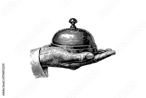 a hand holding a bell, vintage line drawing or engraving illustrationcatch, draw, drawing, hand, illustration, lid, person 