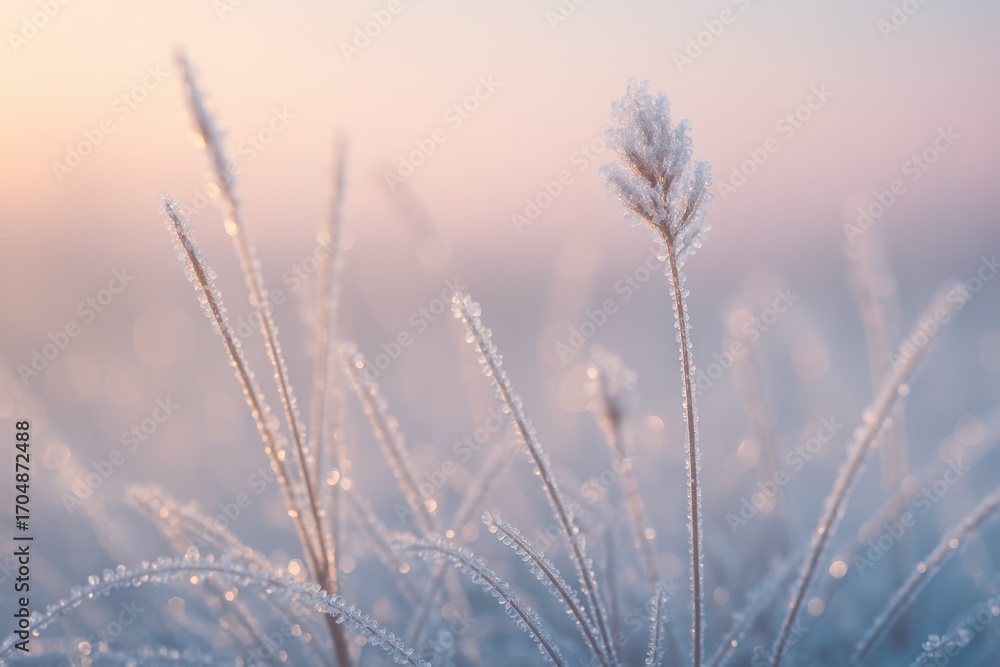Fototapeta premium Delicate frost crystals and ice flowers on winter meadow at sunrise sparkling bokeh and pastel sky tones macro nature scene with serene stillness