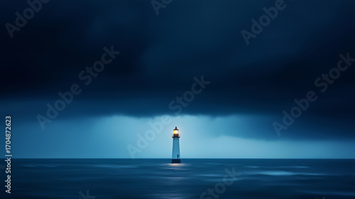 Solitary lighthouse stands tall against dark, stormy sky, illuminating ocean with its guiding light, creating serene yet dramatic scene