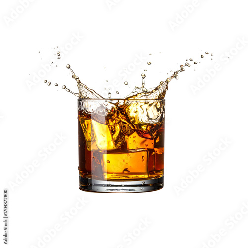 Fresh cold brown cola drink splashing in a glass with ice cubes isolated on a white background